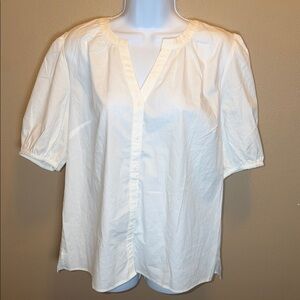 41 Hawthorn NWT White Split Neck Short Sleeve Button Down Blouse Shirt Large NEW